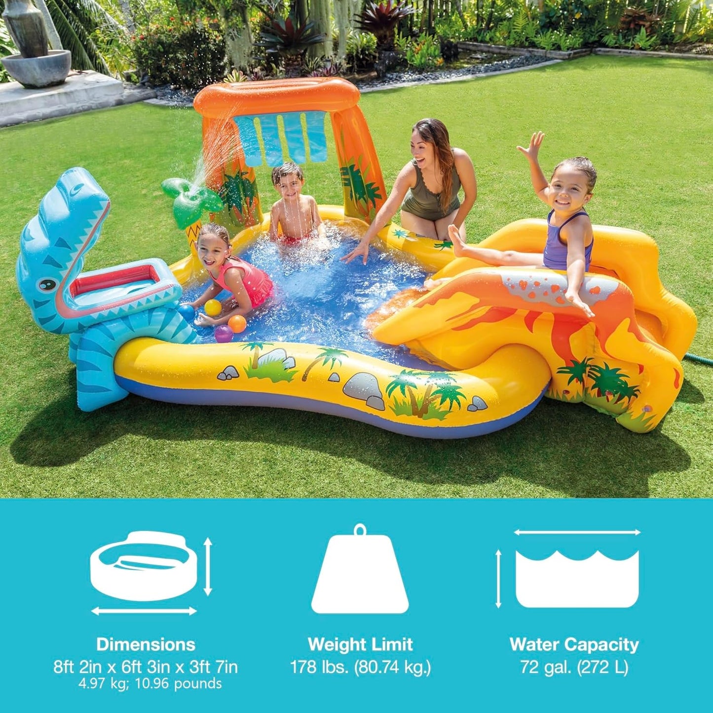 Inflatable Dinosaur Play Center Outdoor Playhouse Inflatable Water Park with Kid Pool Slide, Water Sprayer, Waterfall, and 6 Balls, Multicolor